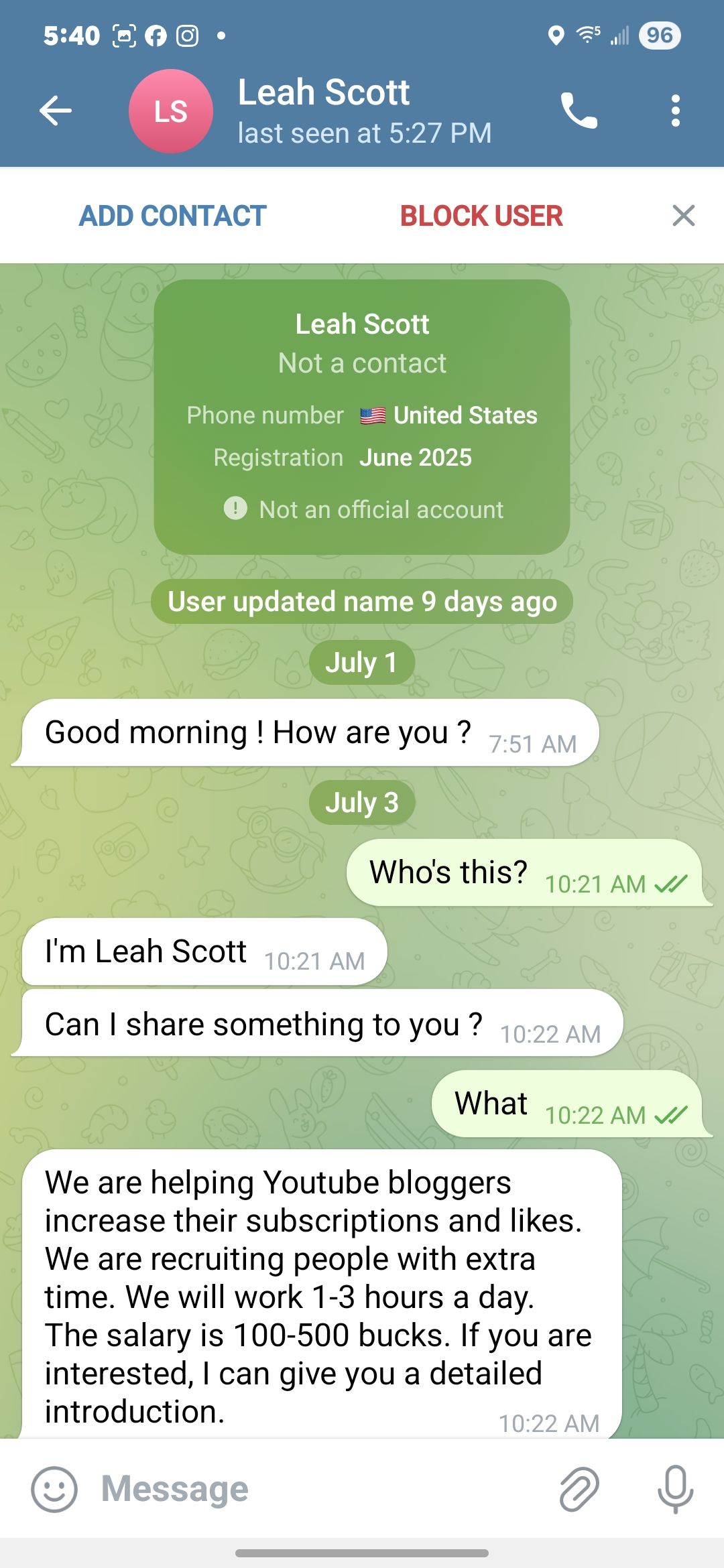 Telegram scam message impersonating Sprizzy - initial cold message recruiting victims for fake YouTube subscription job