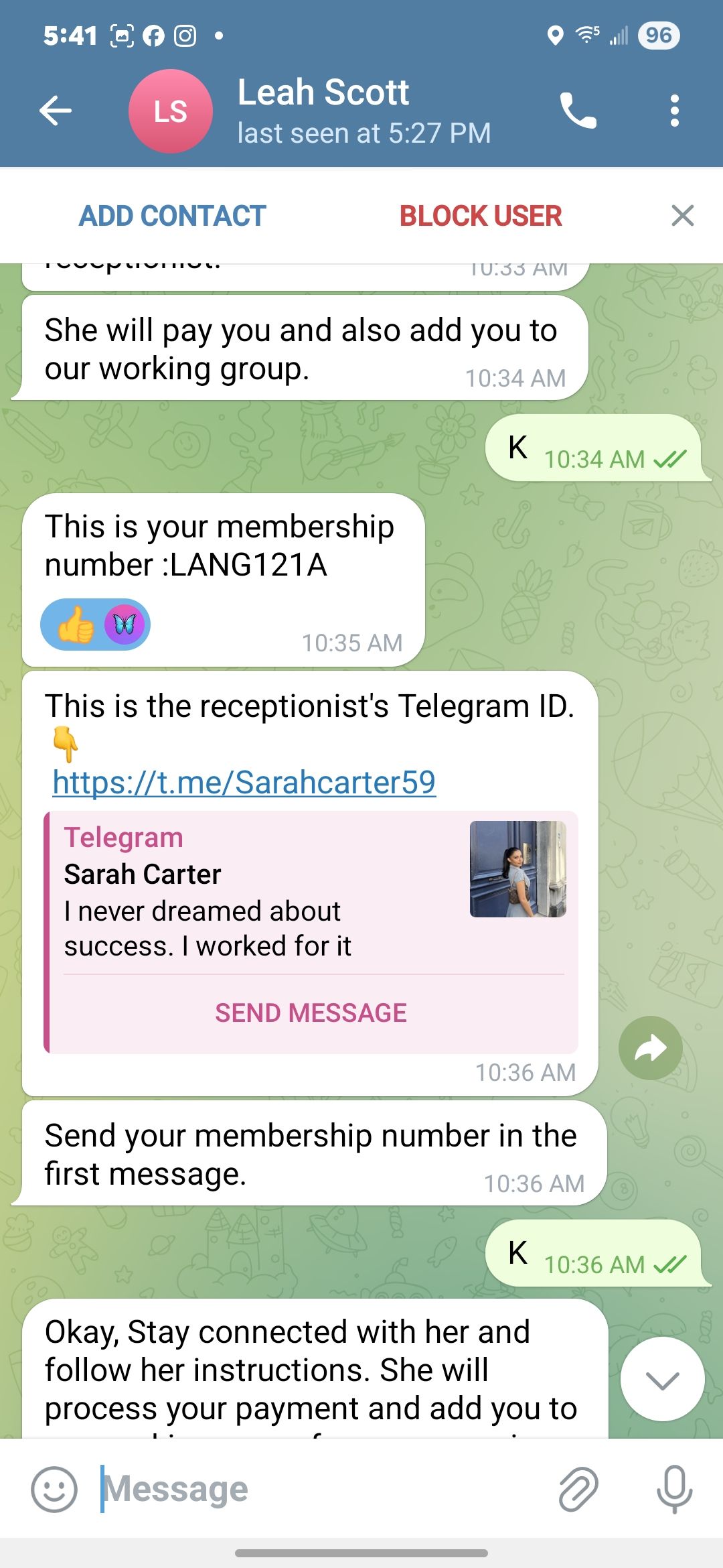 Telegram scam hand-off to fake Sprizzy receptionist with membership number