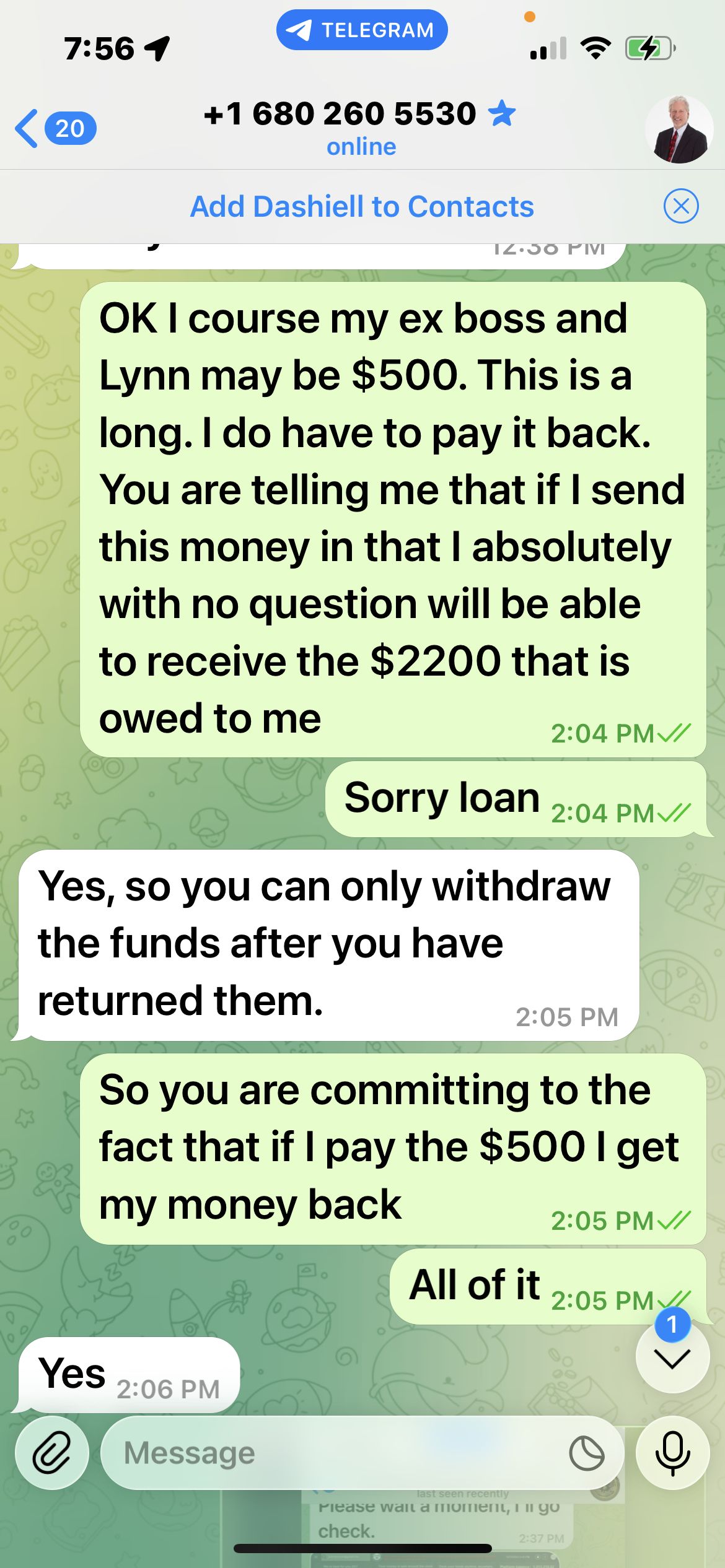 Scammer blocking withdrawal and demanding more money in Sprizzy Telegram scam