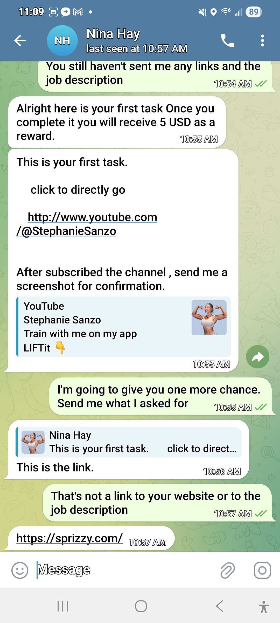 Telegram scammer assigning YouTube subscribe task claiming $5 payment