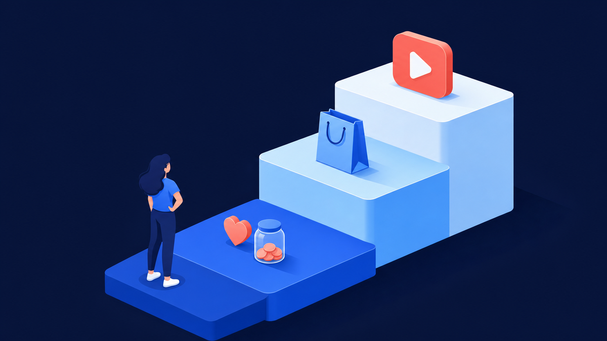 Isometric illustration of three rising steps representing YouTube earning tiers, from fan funding to ad revenue