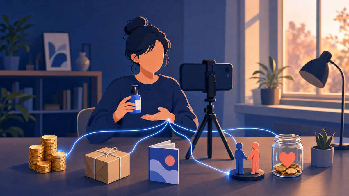 Creator filming a short product demo at a home desk with several small income streams around them