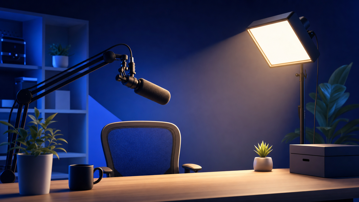 Illustration of a creator desk with a shotgun microphone on a boom arm and a soft panel light