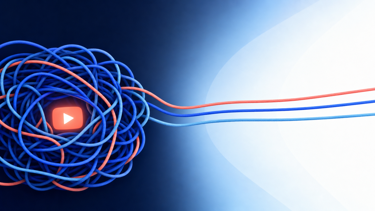 A glowing play button tangled in a knot of threads with a few strands running free into open space