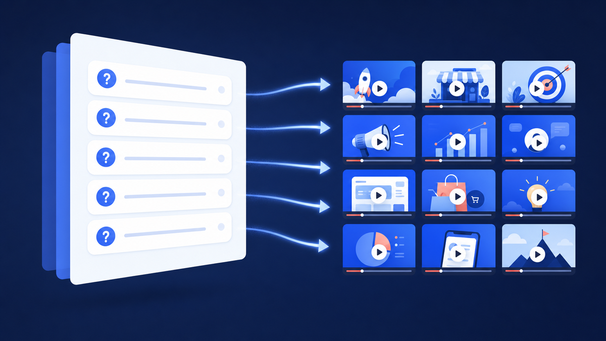 A website FAQ page with its question rows turning into a grid of video thumbnails