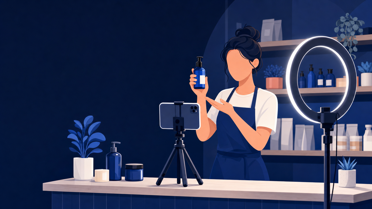 A small shop owner filming a product demonstration on a phone behind the counter