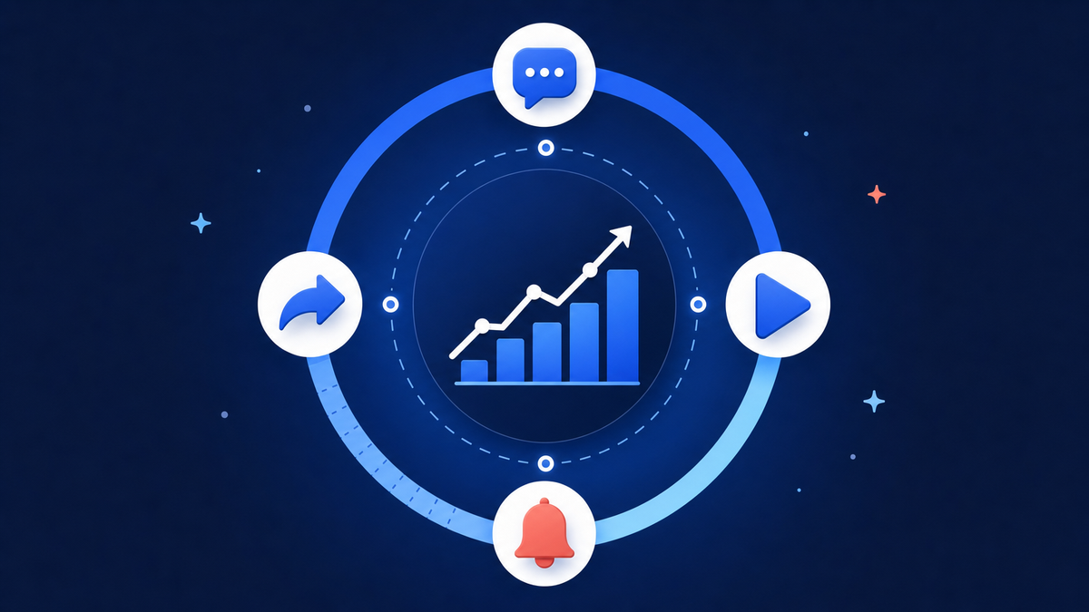 A 24 hour progress ring with comment, share, play and bell icons around a rising performance chart