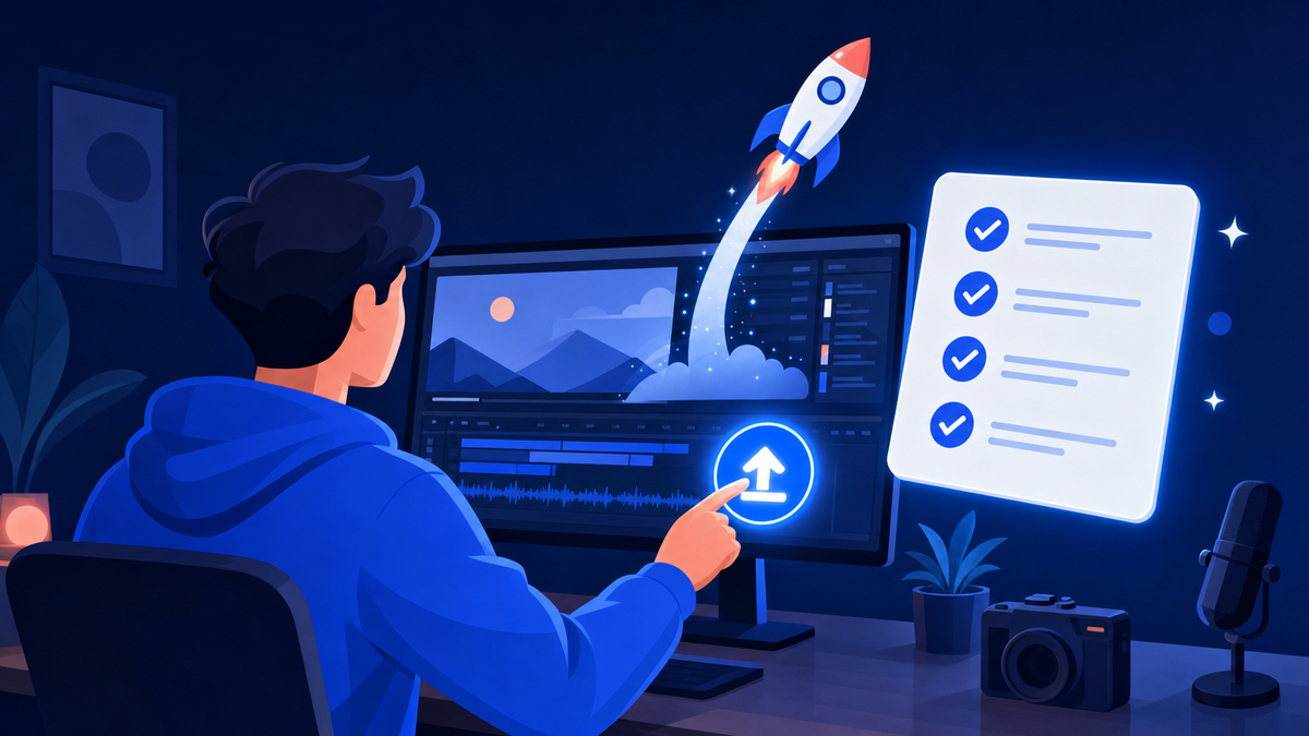 Creator pressing a glowing publish button on a video editing screen beside a floating checklist card
