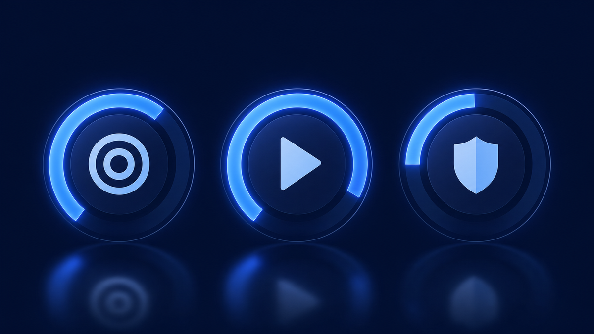 Three glowing circular gauges showing a target, a play triangle and a shield, each filled to a different level