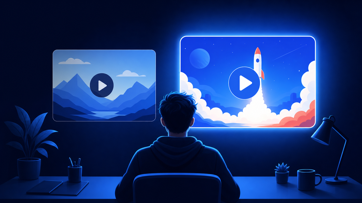 A creator seen from behind comparing two video thumbnails, one dim and one brightly lit
