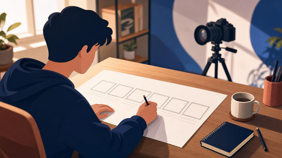 Creator at a warm wooden desk sketching a paper storyboard of empty rectangles, with a notebook, pencil and a camera on a tripod behind