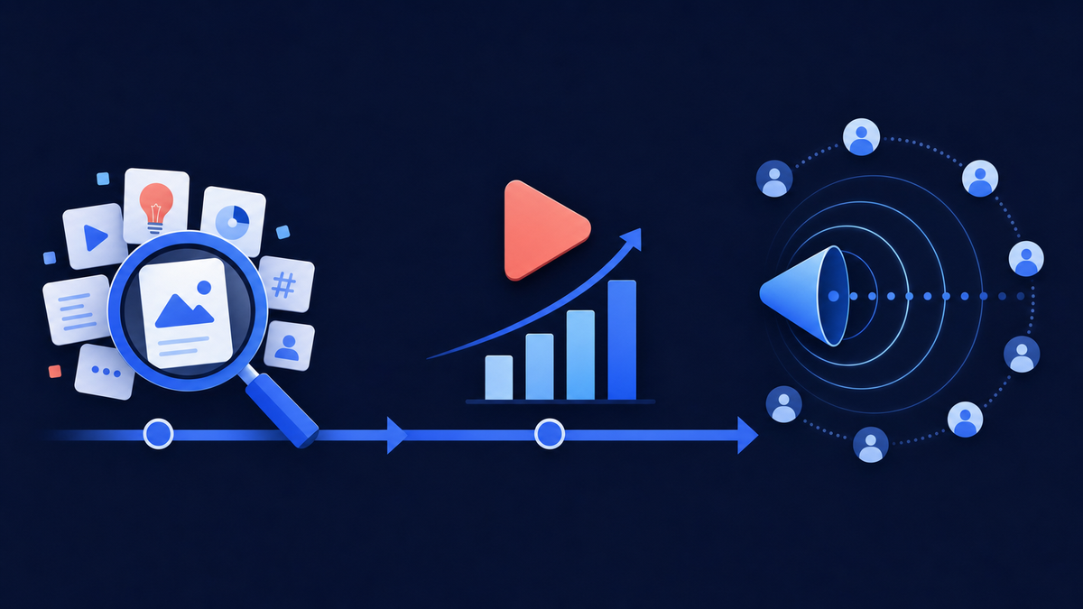 Three stage pipeline showing research with a magnifying glass, publishing with a rising chart, and promotion broadcasting out to viewers
