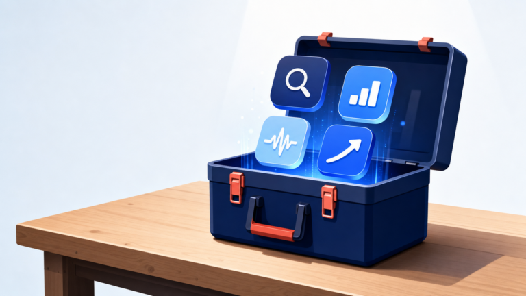 Open toolbox on a workbench with abstract app tiles for search, analytics and growth floating out of it