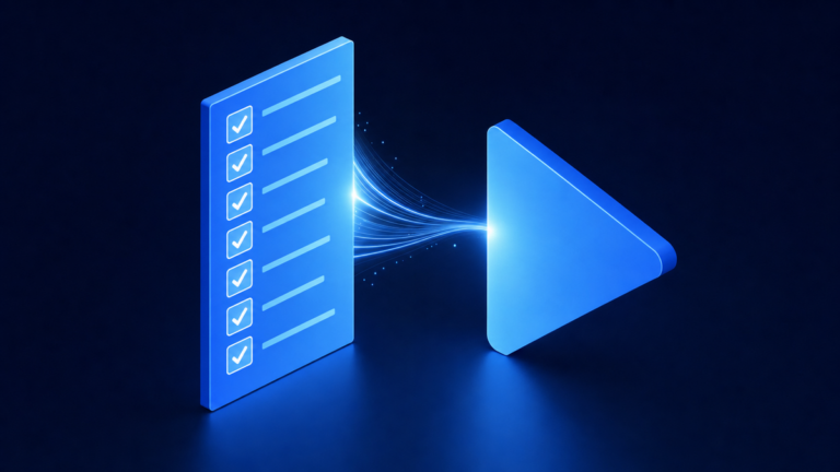 Checklist card with ticked boxes beside a large blue play triangle