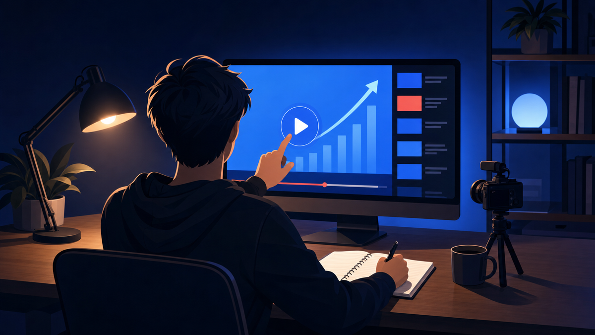 Creator seen from behind pausing a video on a monitor while taking notes in a paper notebook