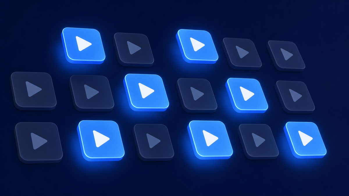 Grid of glowing and dimmed play button tiles