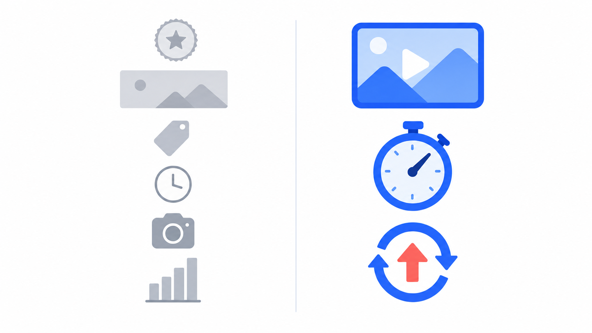 Two column diagram: grey icons for a logo badge, banner, tag, clock, camera and analytics chart on the left, bright icons for a thumbnail, a stopwatch and an upload loop on the right