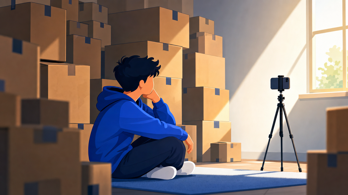 A new creator sits on the floor surrounded by stacks of unopened equipment boxes while a phone on a simple tripod stands ready by the window