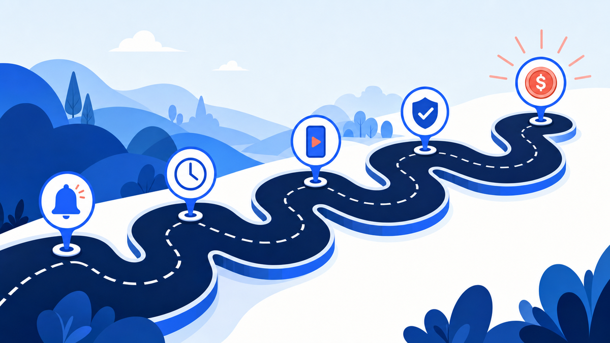 Winding road with milestone icons for subscribers, watch time, Shorts, channel standing and earnings, illustrating the path to YouTube monetization