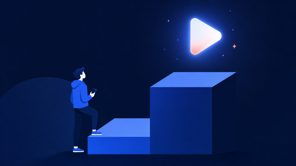 Illustration of a small creator standing on the first of two steps, looking up at a glowing play button, representing the two YouTube Partner Program tiers