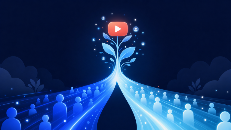 Two streams of viewers, paid and organic, merging into one growing YouTube channel