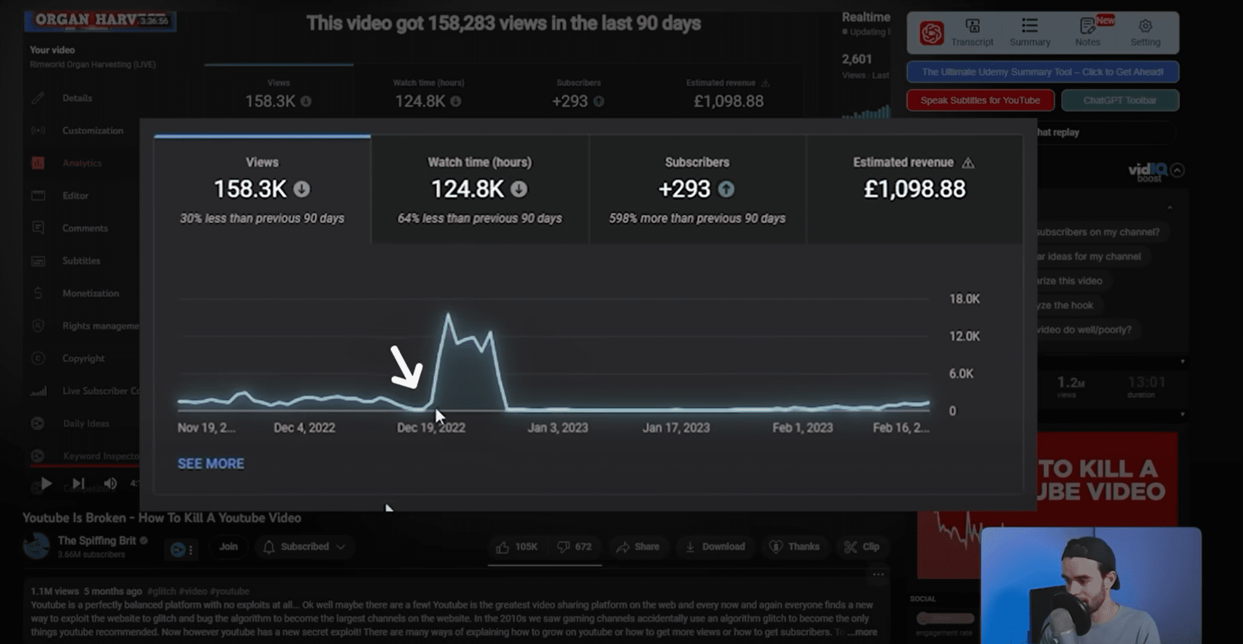 The Spiffing Brit's YouTube Studio 90-day views chart for the video he targeted with mistargeted ads, showing a short spike in daily views in December 2022 with low daily views on both sides of it