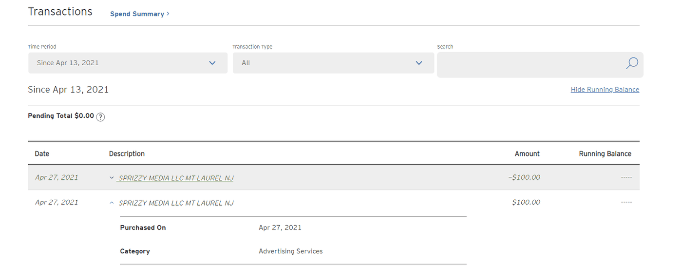 A bank statement listing a Sprizzy charge and a matching credit for the same amount on the same day, both under Advertising Services