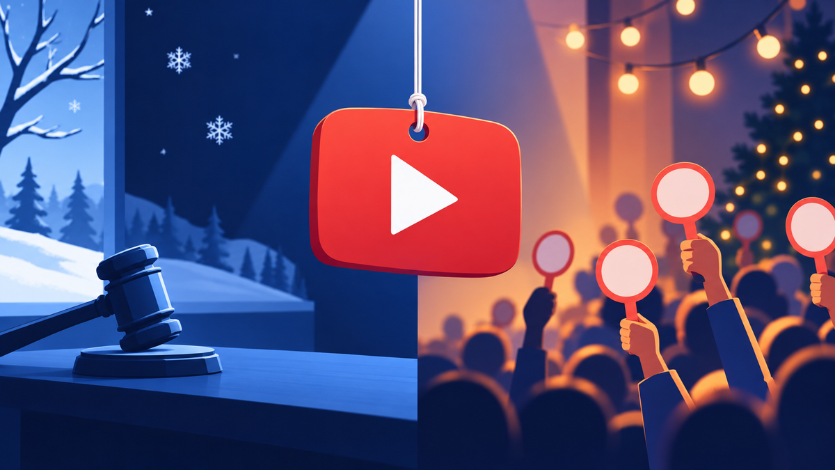 A red play button hanging like a price tag between a quiet winter auction on one side and a crowd of holiday bidders raising paddles on the other