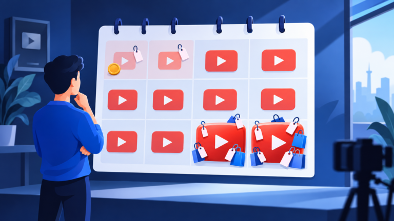 A creator studies a wall calendar of twelve play-button tiles: the January tiles small with a single coin, the November and December tiles large and crowded with price tags and shopping bags