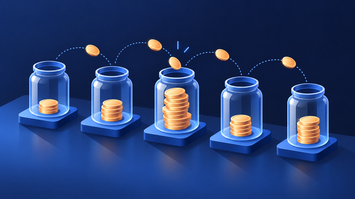 Five glass jars holding different heights of coins, linked by a dotted path, showing one promotion budget paced unevenly across the days of a campaign