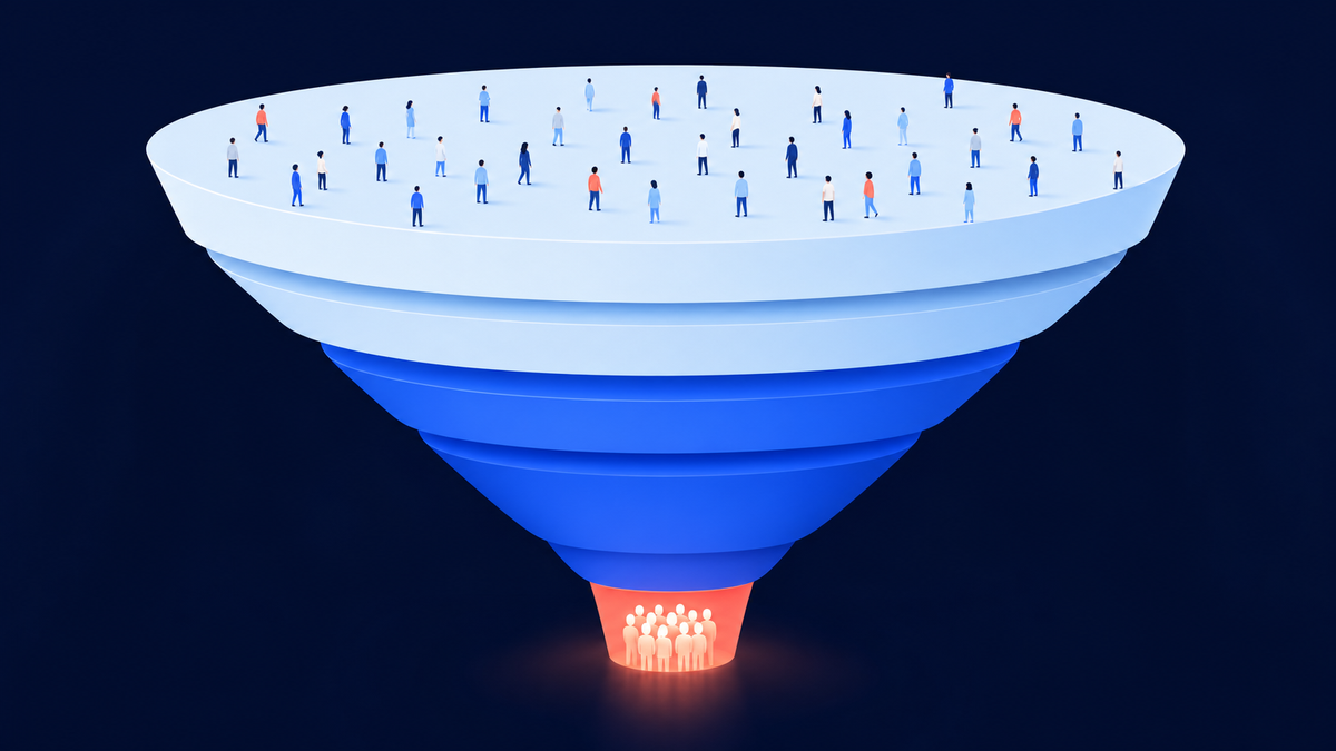 A funnel diagram with a wide sparse top band narrowing to a small bright core packed with figures