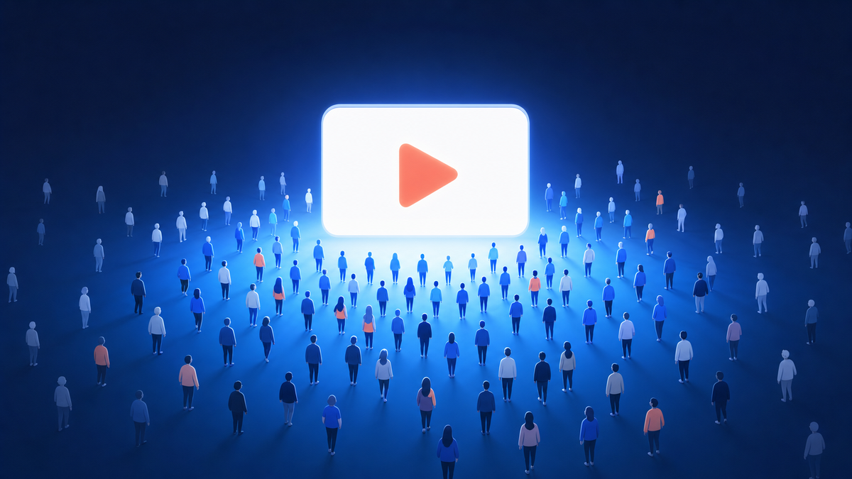 A crowd of about one hundred small abstract figures gathering around a large glowing video screen