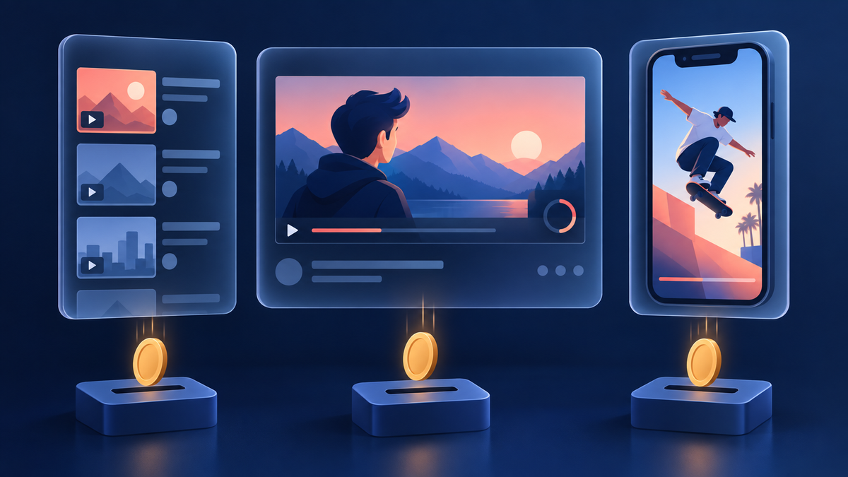 Three panels showing where a promoted YouTube video appears: the feed, the player before another video, and the Shorts feed, each with a coin dropping into a slot