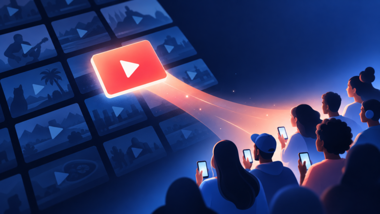 A glowing play-button tile lifted off a grid of video thumbnails and carried toward a crowd of viewers holding phones