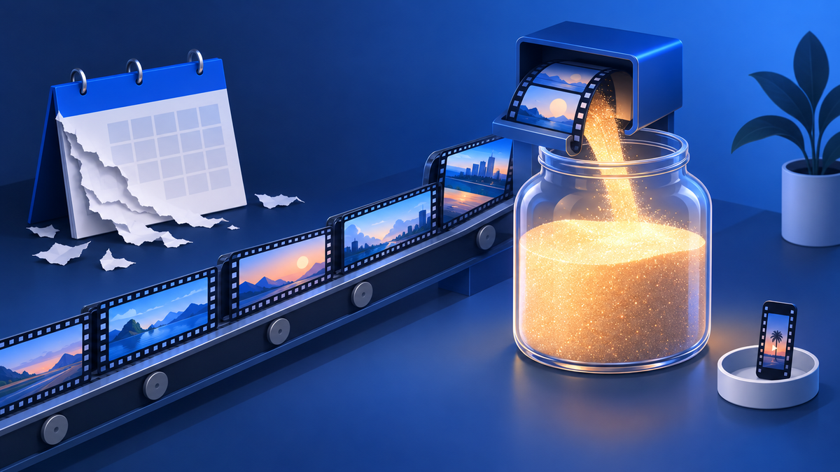 Isometric illustration of a torn wall calendar, a conveyor of long film reels pouring glowing sand into a jar, and one small vertical phone reel set aside in a dish