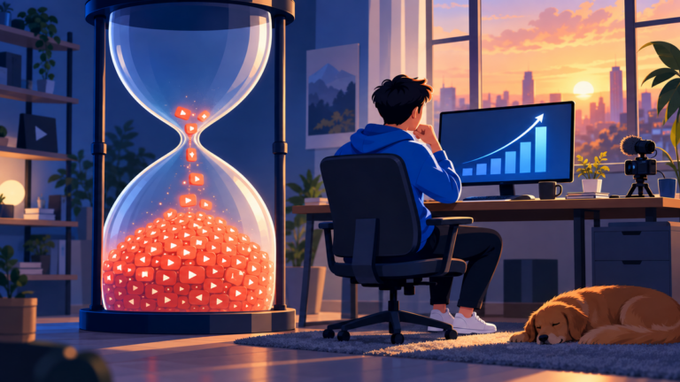 Illustration of a giant hourglass filling with glowing play buttons beside a creator watching a rising chart on a monitor