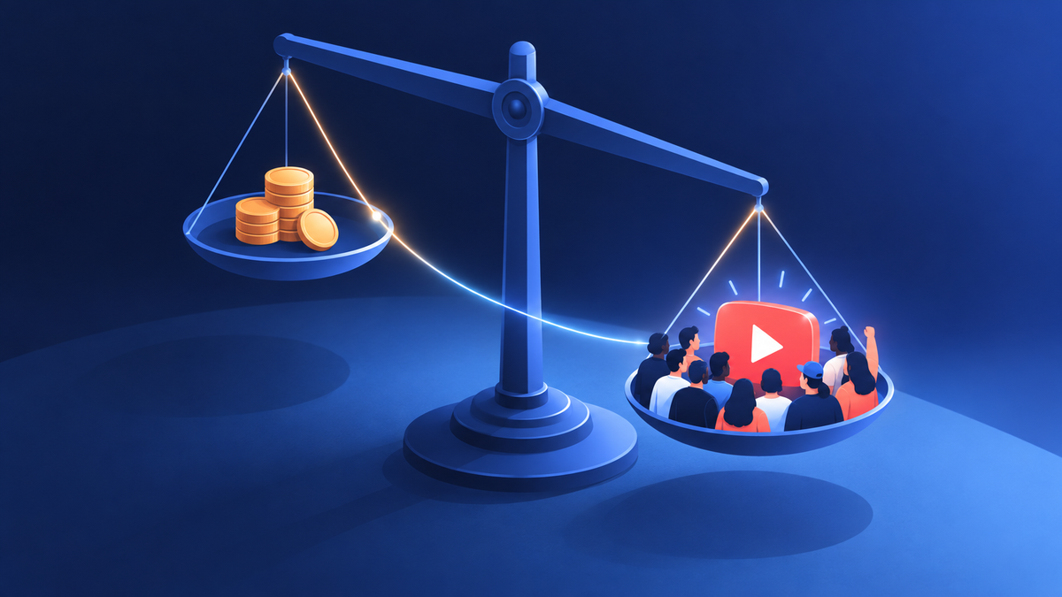 A balance scale with a stack of coins on one pan and a crowd of viewers around a play button weighing down the other