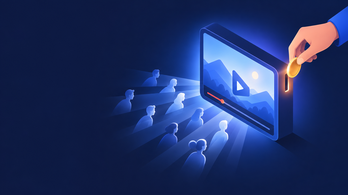 A hand drops a coin into a glowing video player and a fan of viewer silhouettes spreads out from the screen