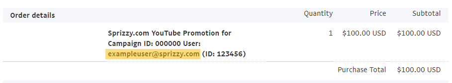 A payment order-details panel showing the campaign ID and the account email address the purchase was made under