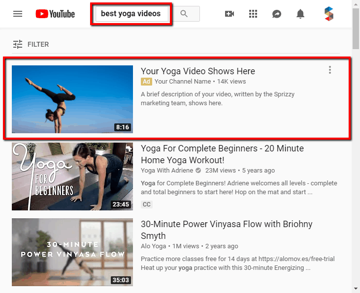 A YouTube search results page where the top result is outlined and labelled Ad, sitting above the ordinary results