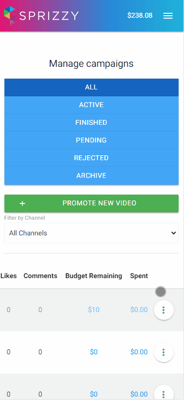 The Sprizzy campaigns page on a phone, listing the status filters All, Active, Finished, Pending, Rejected and Archive above the campaign rows, each row ending in a three-dot menu