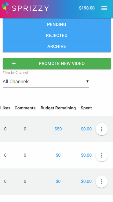 A recording of the Sprizzy dashboard on a phone: opening a campaign's menu, choosing End Campaign, and a confirmation box offering End Campaign or End Campaign and Refund Payment