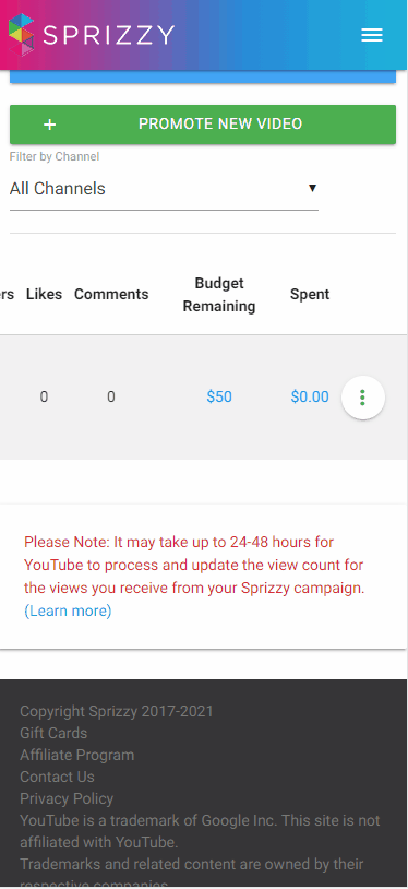 A recording of the Sprizzy dashboard on a phone: opening a campaign's menu, choosing End Campaign, and a confirmation box offering End Campaign or End Campaign and Refund Payment