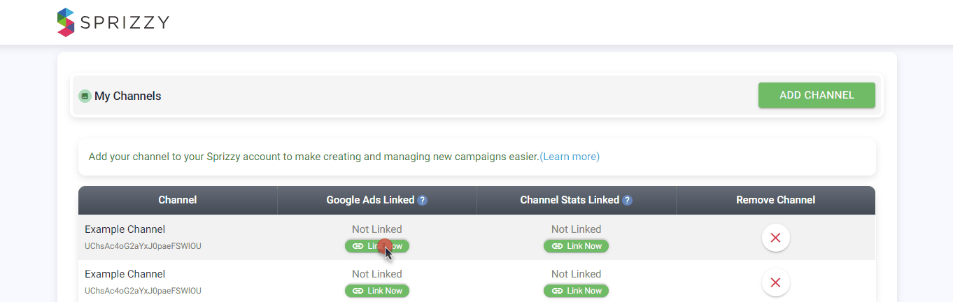 An earlier version of the Sprizzy My Channels page, with a Google Ads Linked column reading Not Linked and a Link Now button on each channel row