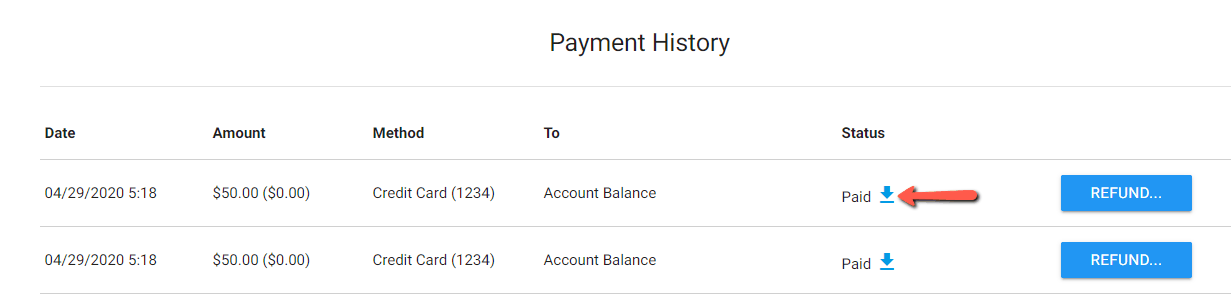 An earlier version of the Sprizzy Payment History table, with a download icon next to the Paid status on each row and a Refund button at the end of the row