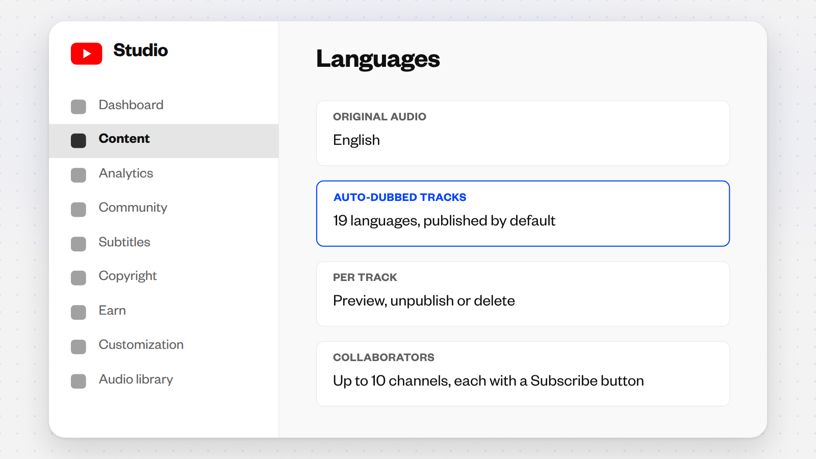 YouTube Studio video details with a highlighted Languages field showing 19 auto-dubbed audio tracks.