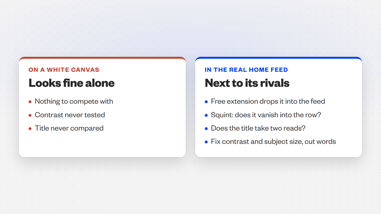 Two cards comparing a thumbnail previewed alone with one previewed inside the YouTube home feed.