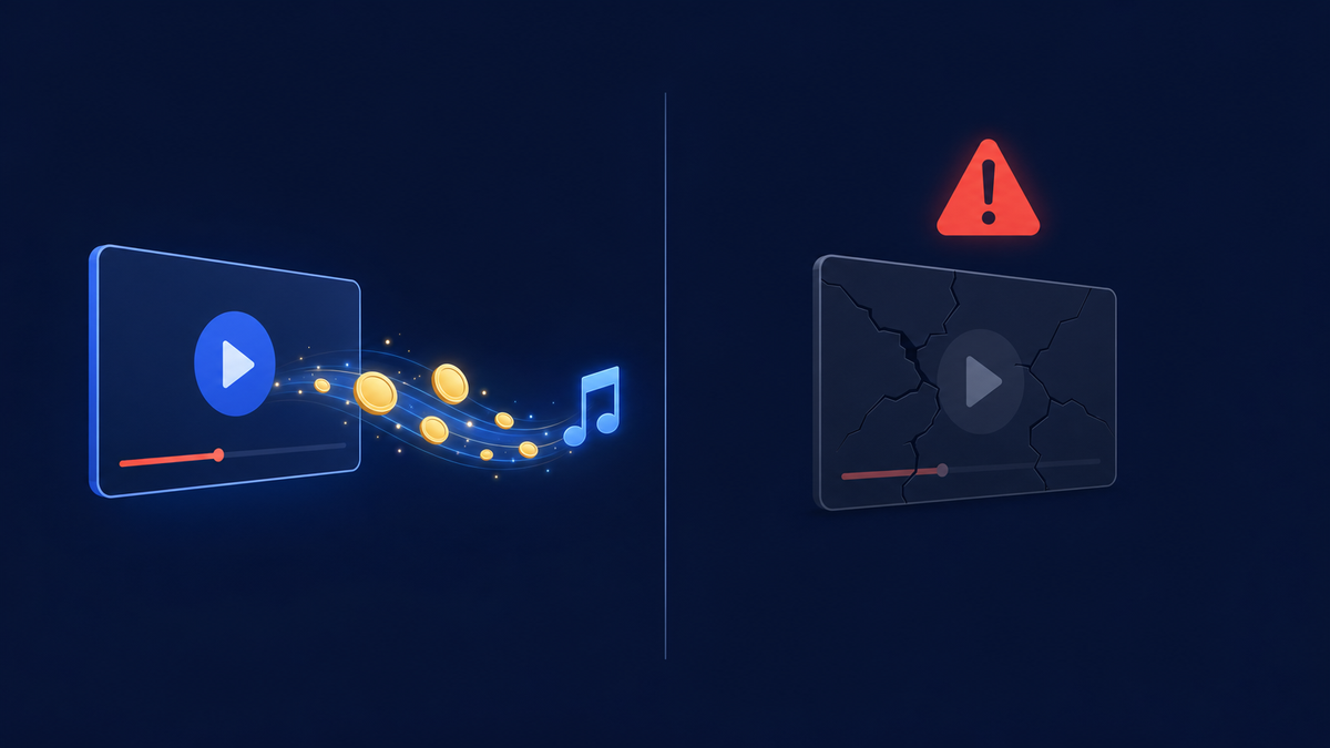 Split illustration: on the left a working video player with coins flowing toward a music note, on the right a cracked, greyed-out video player under a red warning triangle
