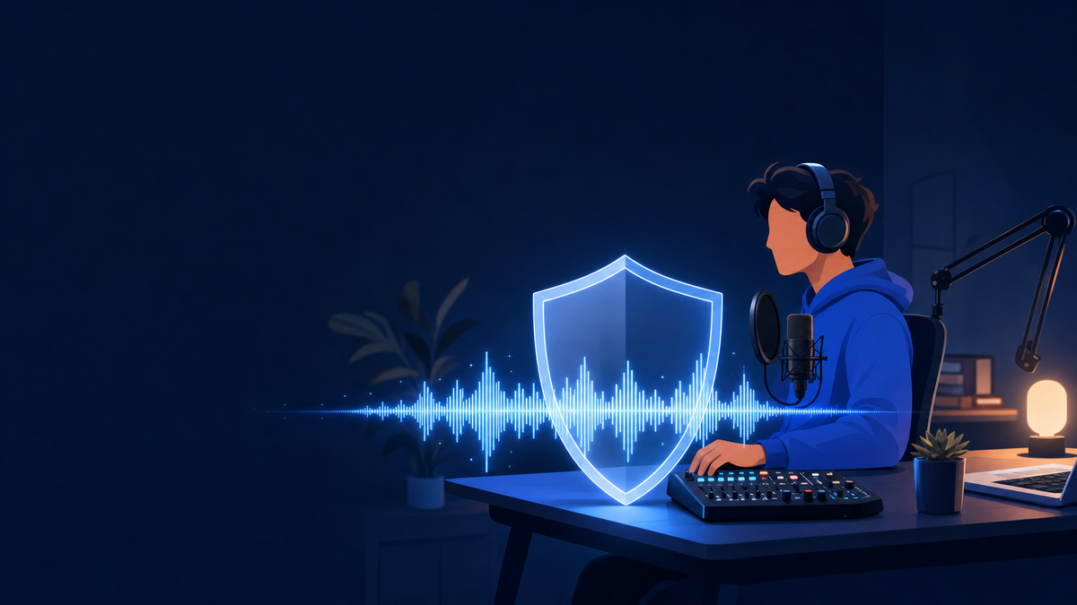 Creator at a home studio desk with headphones and a mixing console, a glowing audio waveform on the desk behind a translucent shield