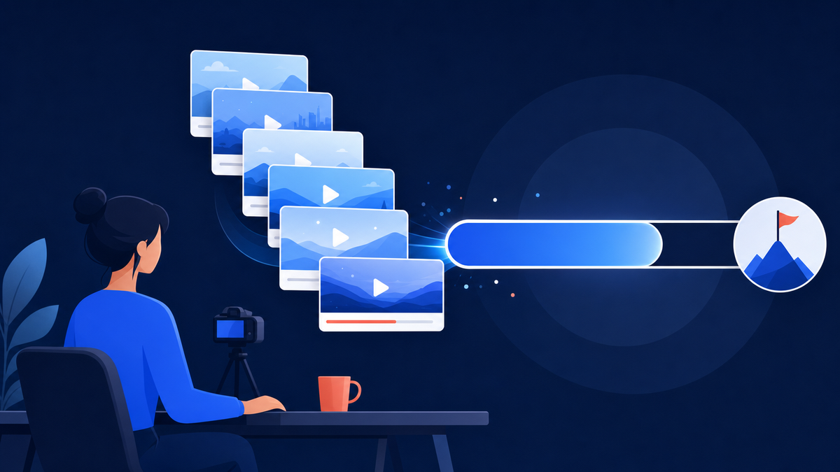 Illustration of a creator at a desk while a stack of video thumbnails fills a progress bar toward a goal
